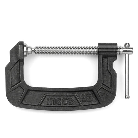 Black Ingco Cast Iron G-Clamp (150mm) for woodworking and general clamping, with a durable frame and metallic threaded screw.