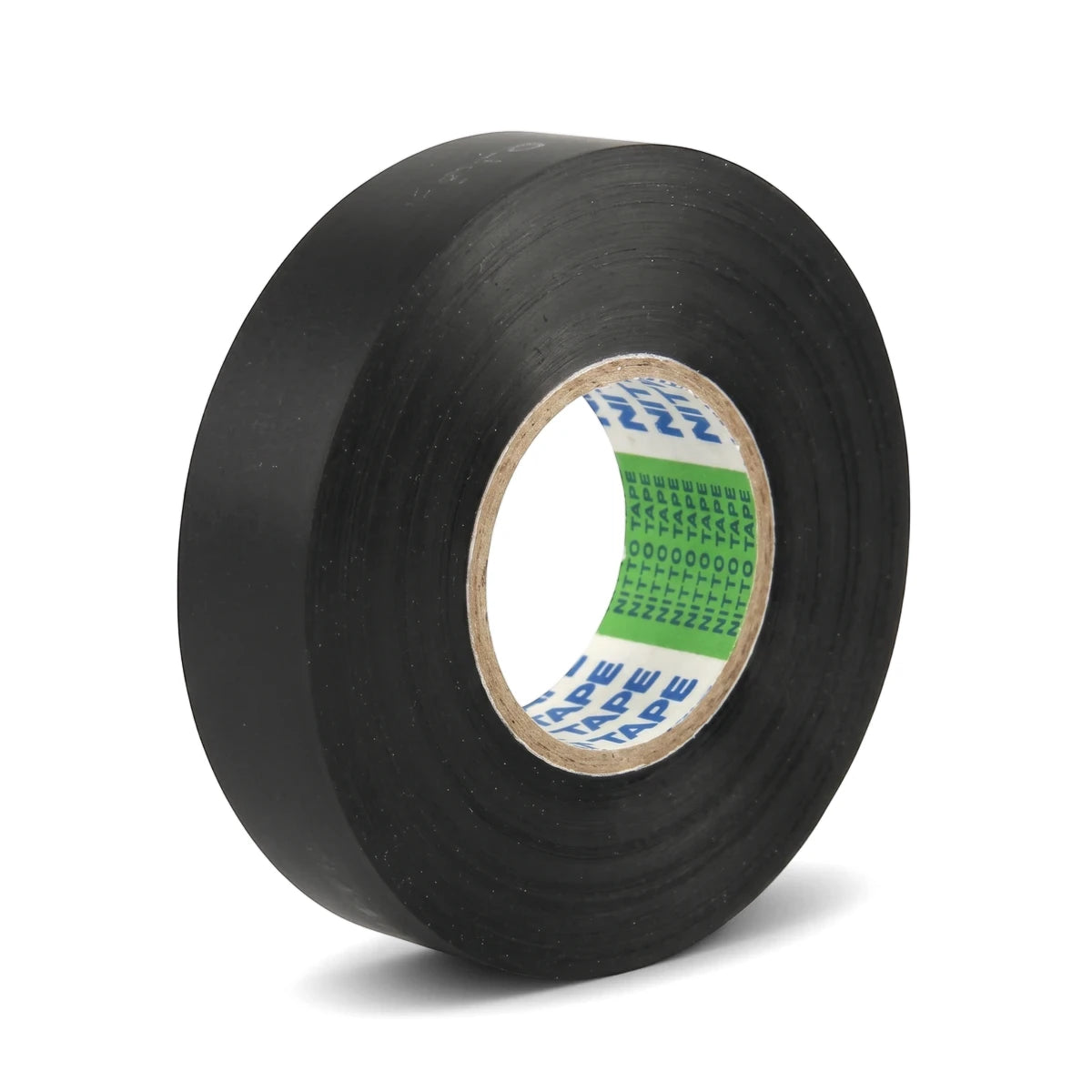 Single roll of black insulation tape, shown from a slightly angled side view, revealing the inner core branding.