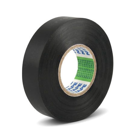Single roll of black insulation tape, shown from a slightly angled side view, revealing the inner core branding.