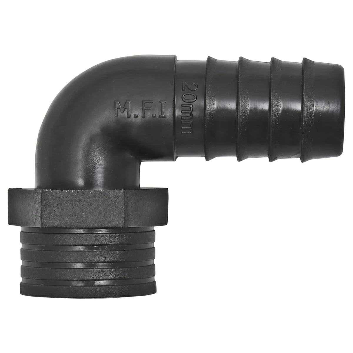 Black irrigation reducing female elbow, 20mm x 15mm, with a ribbed hose barb and threaded connector, side view.