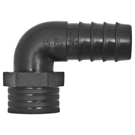 Black irrigation reducing female elbow, 20mm x 15mm, with a ribbed hose barb and threaded connector, side view.