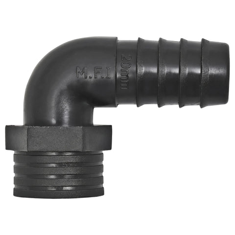 Black irrigation reducing female elbow, 20mm x 15mm, with a ribbed hose barb and threaded connector, side view.