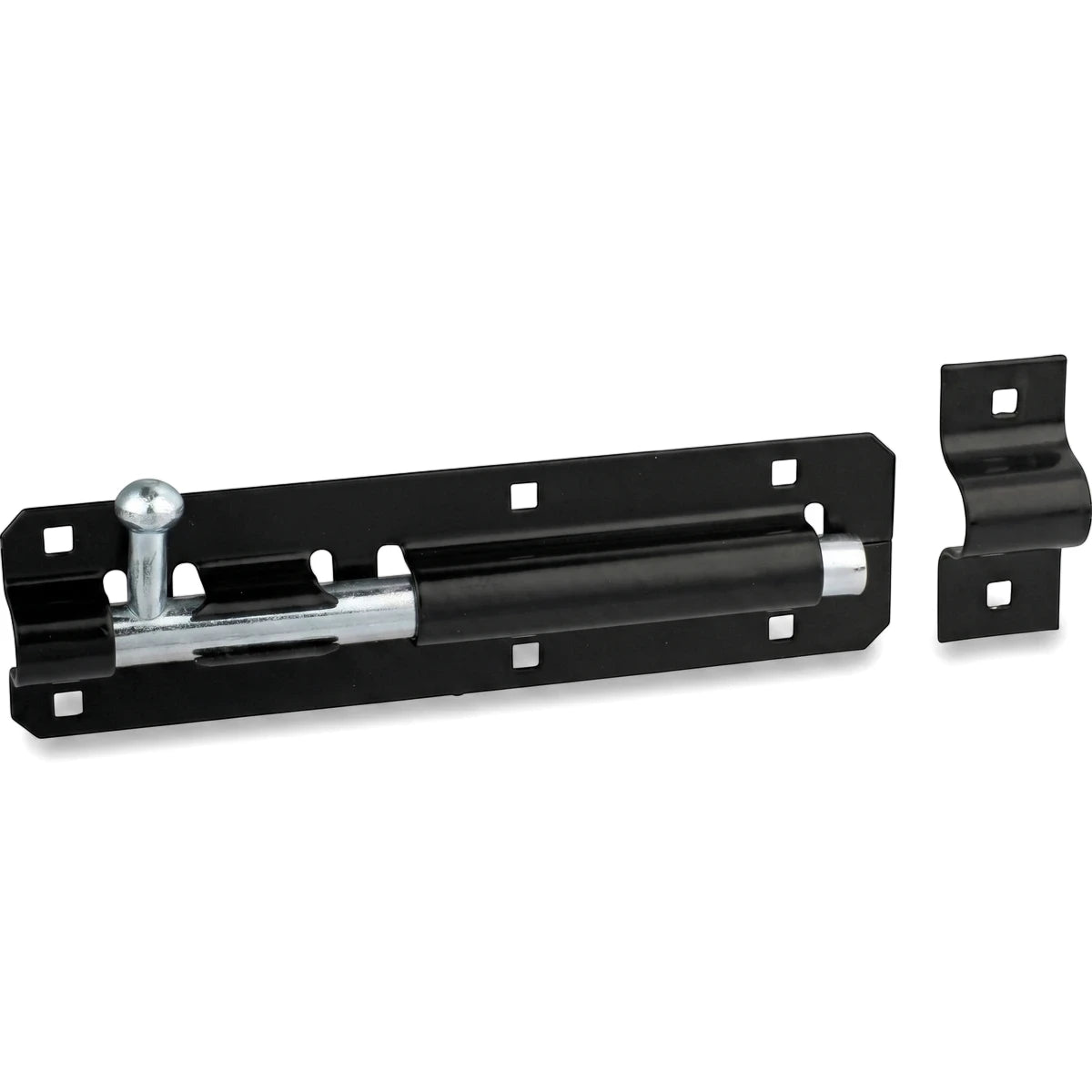 Black Japan 100mm straight barrel bolt, featuring a durable black finish and a silver sliding bolt mechanism, viewed from