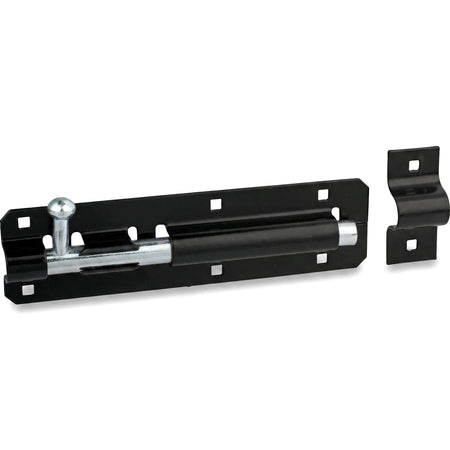 Black Japan 100mm straight barrel bolt, featuring a durable black finish and a silver sliding bolt mechanism, viewed from