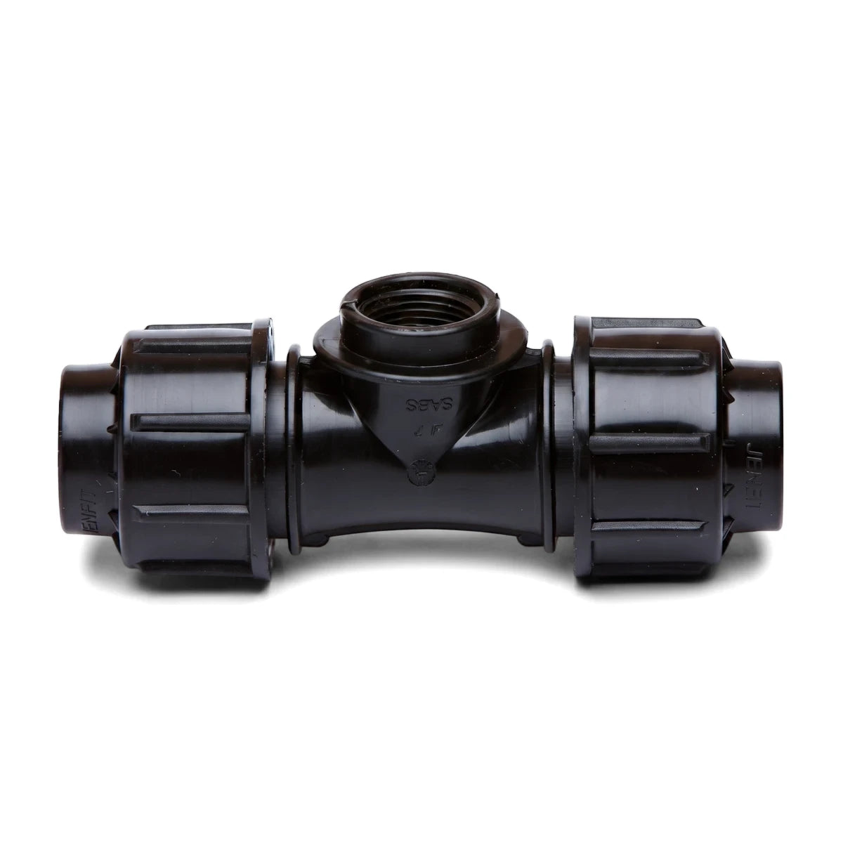 Black Jenfit Female Tee pipe fitting, 63mm x 2 inches, shown on a white background. This T-shaped connector features a