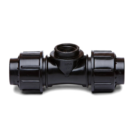 Black Jenfit Female Tee pipe fitting, 63mm x 2 inches, shown on a white background. This T-shaped connector features a