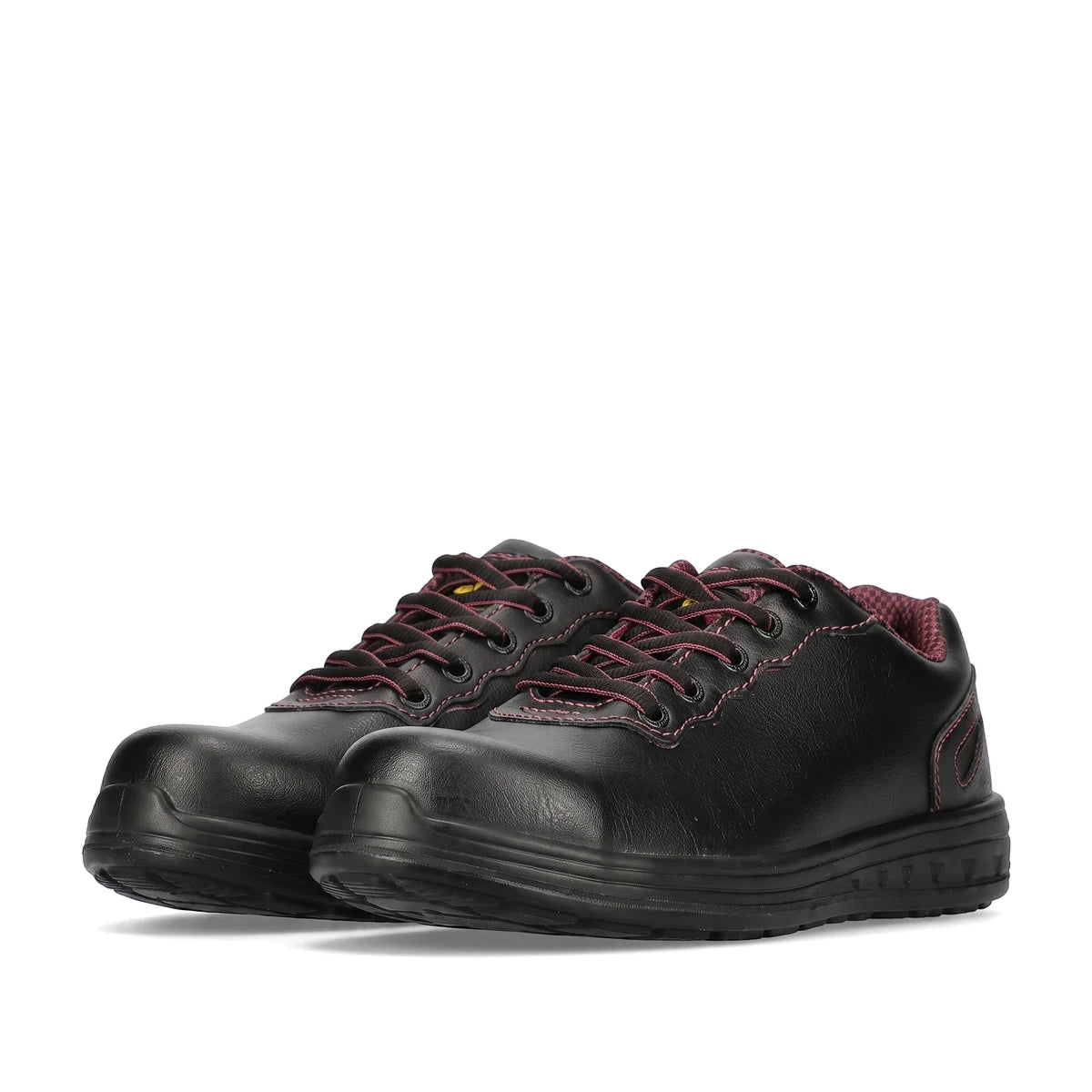 A pair of black low-cut safety shoes with red laces and reinforced toe caps, designed for workwear.