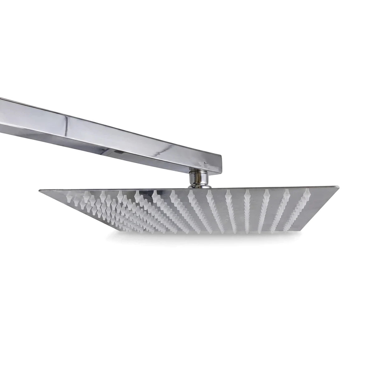 Black Luvia shower head, square rain-style head with chrome finish and silicone spray nozzles, bottom view.