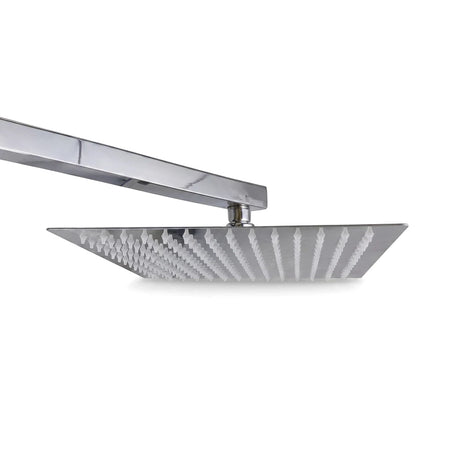 Black Luvia shower head, square rain-style head with chrome finish and silicone spray nozzles, bottom view.