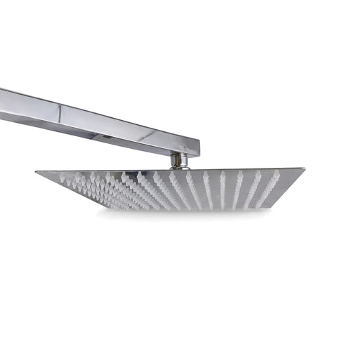 Black Luvia shower head, square rain-style head with chrome finish and silicone spray nozzles, bottom view.