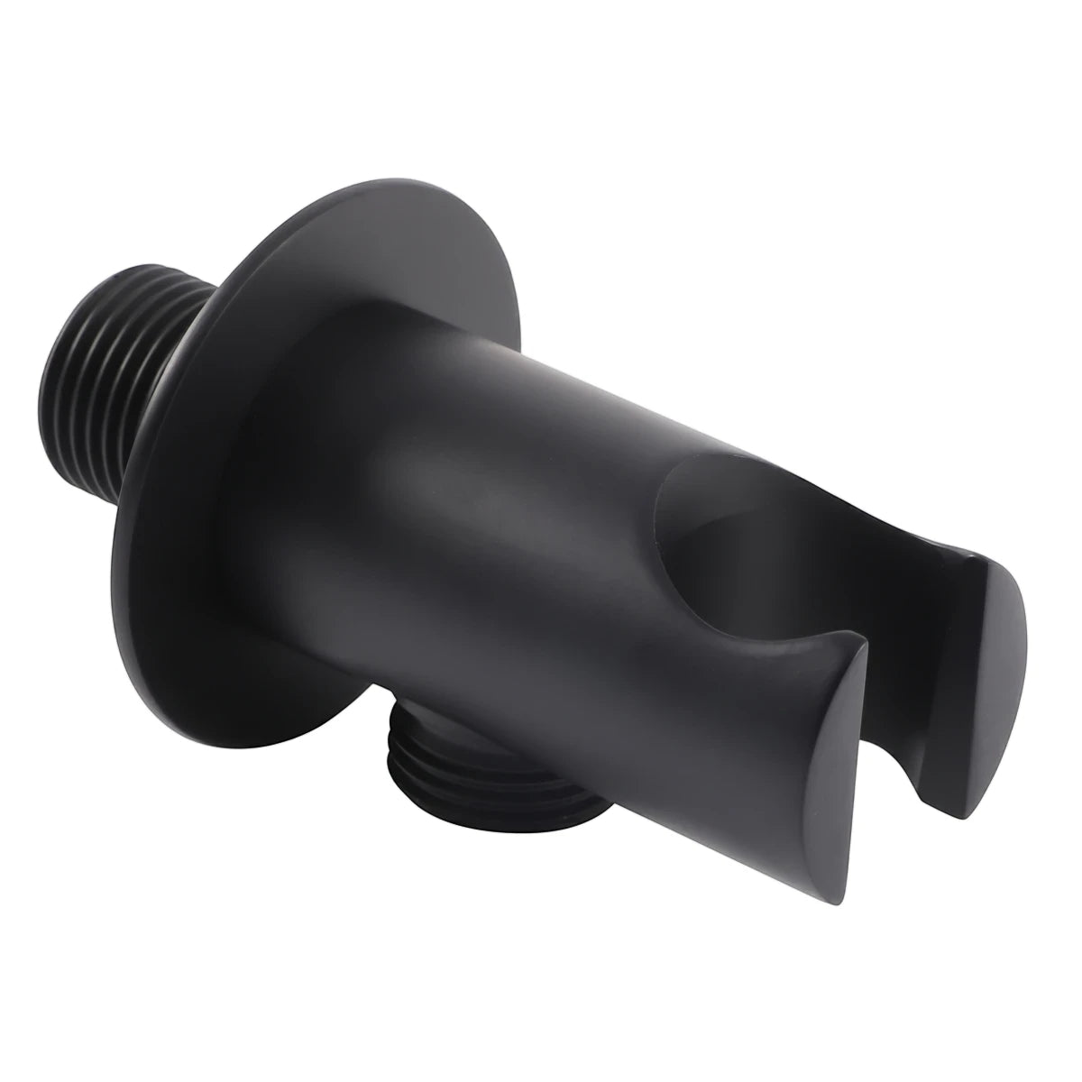 Black matte finish round wall bracket for a hand shower, shown at an angle. This wall-mounted accessory securely holds a