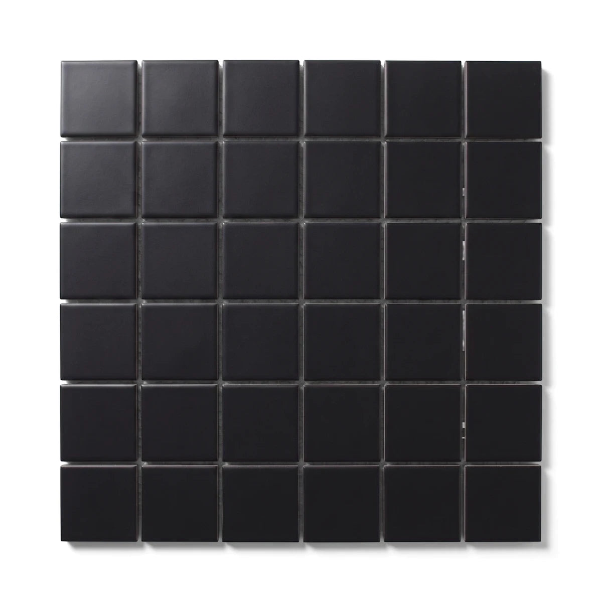 Black matte square mosaic tile sheet, 48mm individual tiles on a 306x306mm mesh, perfect for modern bathroom and kitchen