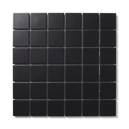 Black matte square mosaic tile sheet, 48mm individual tiles on a 306x306mm mesh, perfect for modern bathroom and kitchen