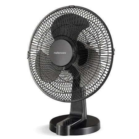 Black Medenware 30cm plastic desktop fan with a three-blade design and protective grill, shown on a white background.
