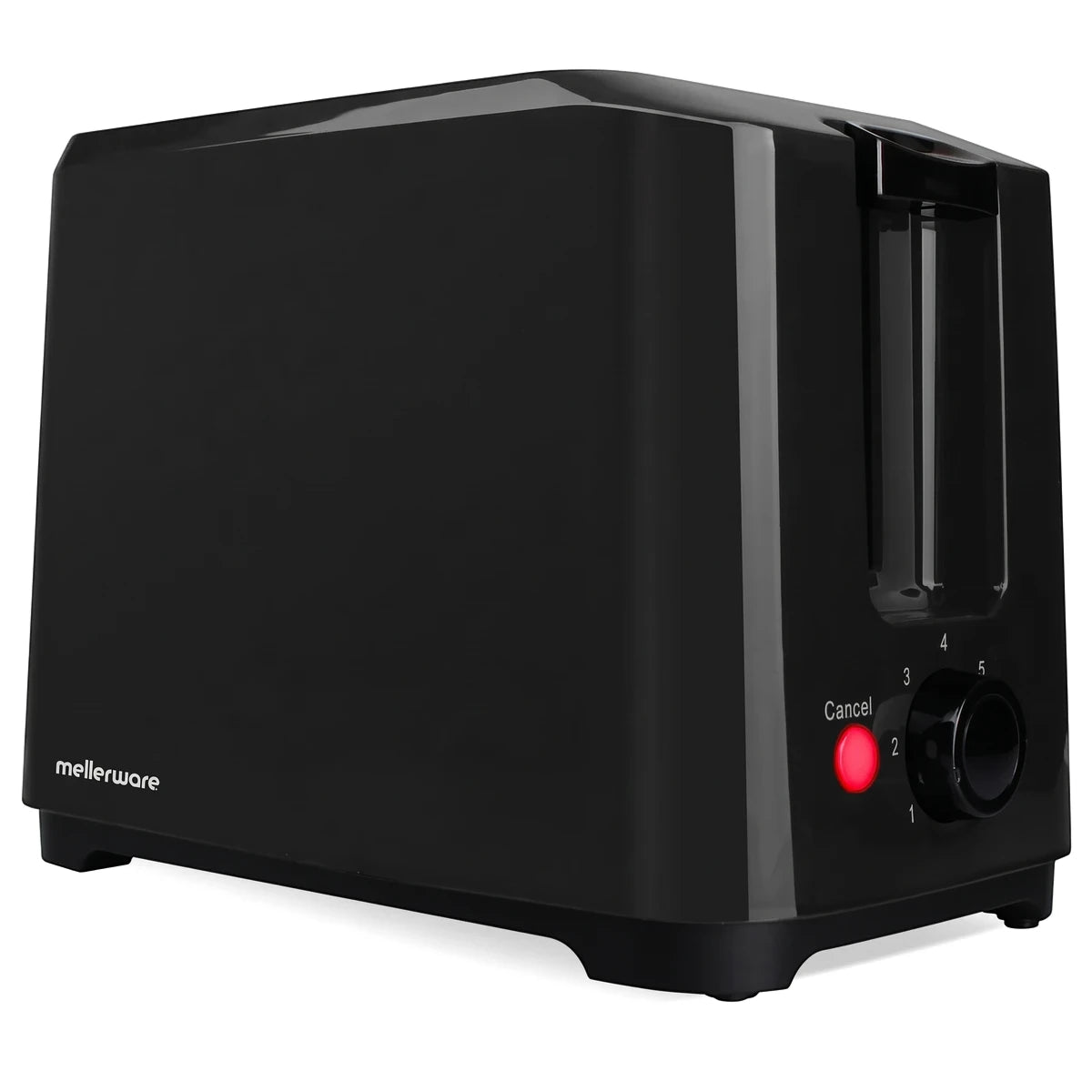Black Mellerware 2-slice toaster made of plastic, shown from an angled front-right view, featuring a red cancel button.