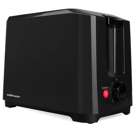 Black Mellerware 2-slice toaster made of plastic, shown from an angled front-right view, featuring a red cancel button.