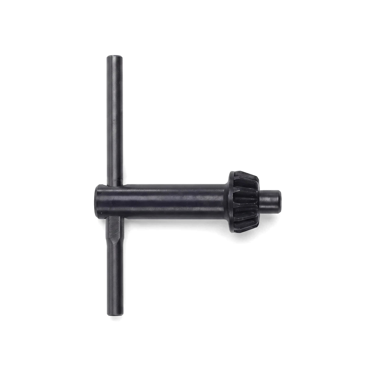 Black metal 13mm drill chuck key with a T-handle for tightening and loosening drill bits, displayed horizontally.