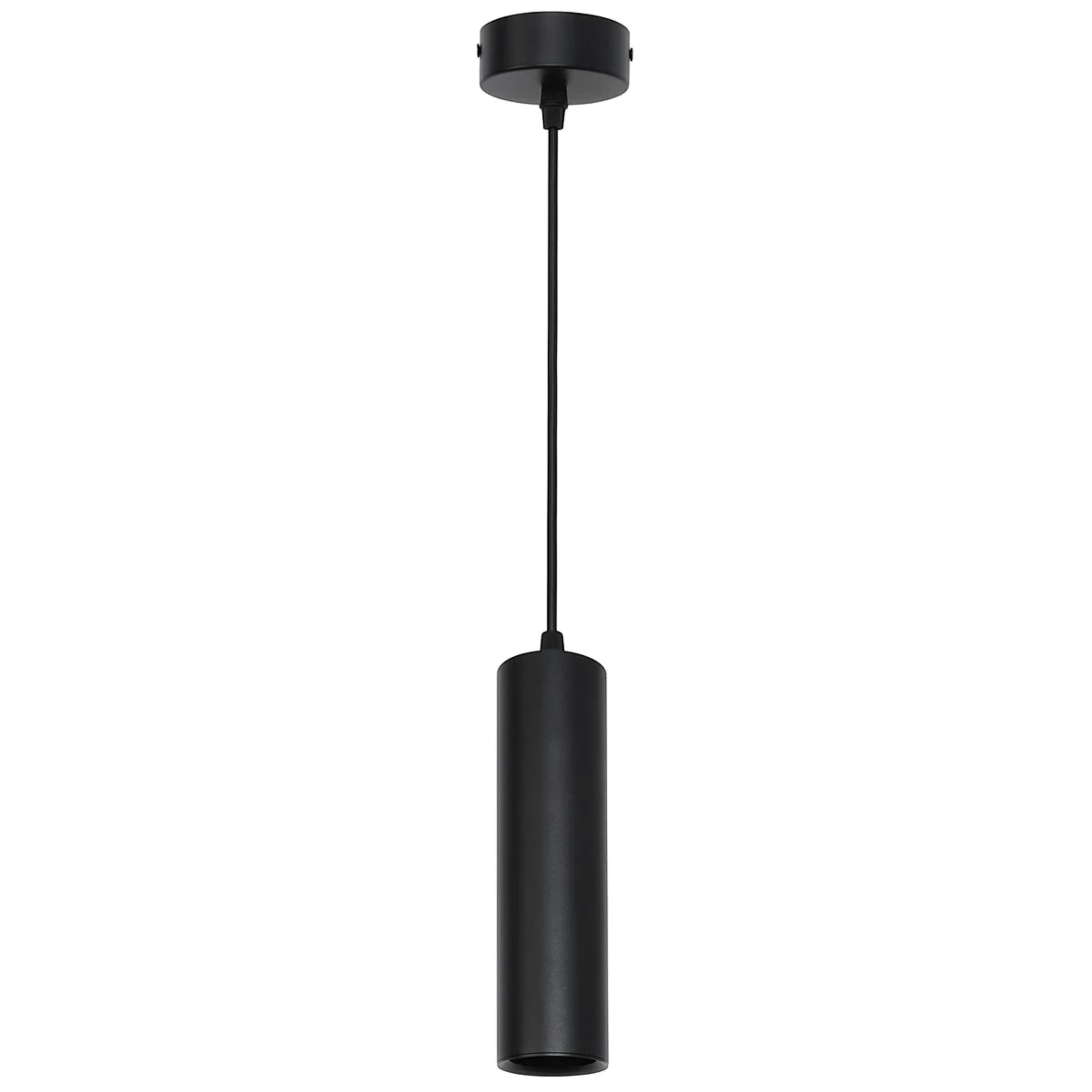 Black metal and aluminum cylindrical pendant light, suspended from a ceiling mount, ideal for modern interiors.