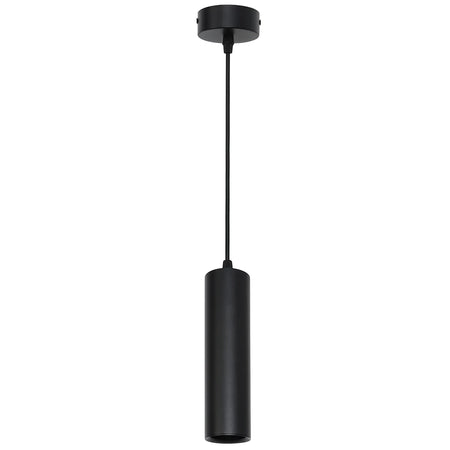 Black metal and aluminum cylindrical pendant light, suspended from a ceiling mount, ideal for modern interiors.