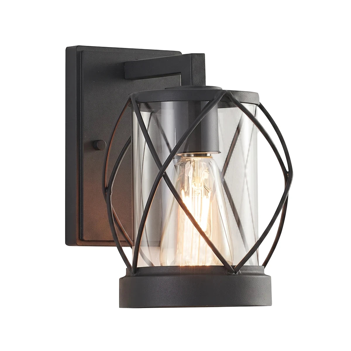 Black metal exterior wall light with clear glass cylinder and geometric cage, featuring an exposed Edison bulb, viewed from