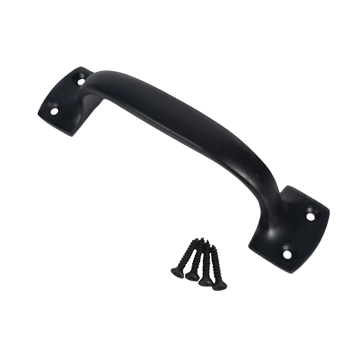 Black metal decor handle, 127mm, with a curved design, shown alongside four matching screws.