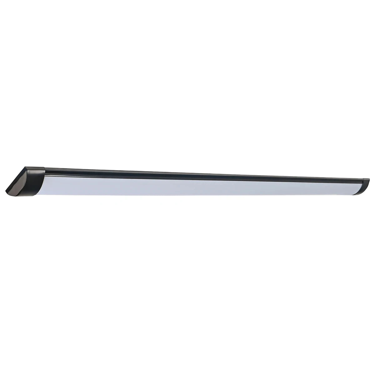Black metal 5-foot LED batten light with a white PC cover, designed for bright 6500K illumination.