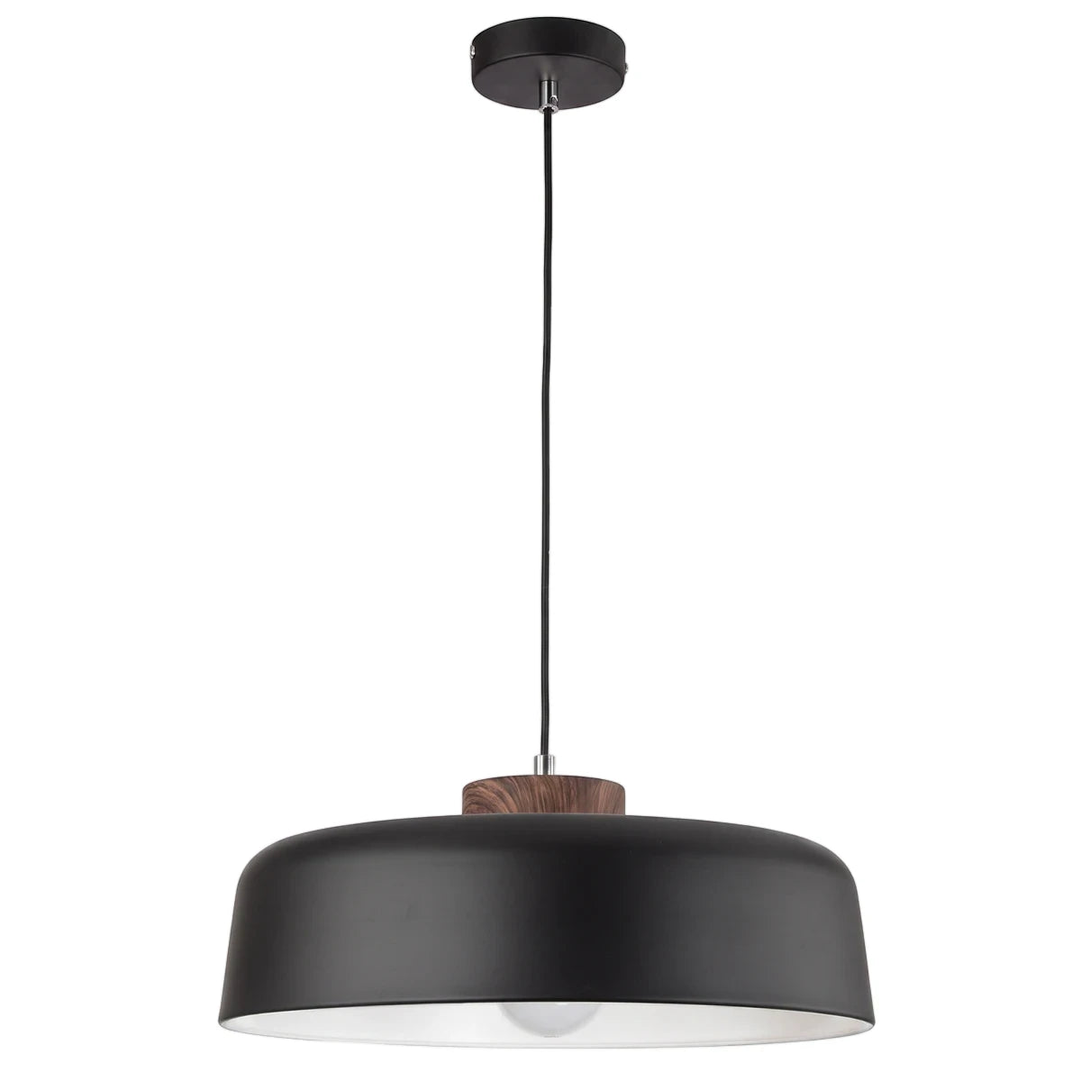 Black metal pendant light with a cylindrical shade and a wooden accent, featuring a black cord and ceiling mount, hanging