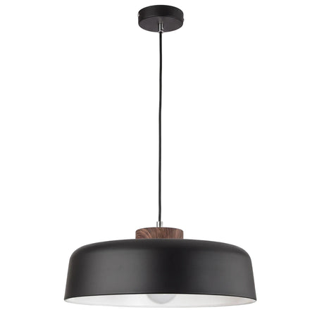Black metal pendant light with a cylindrical shade and a wooden accent, featuring a black cord and ceiling mount, hanging