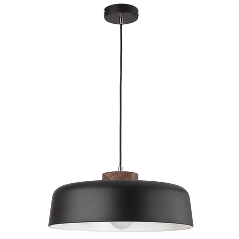 Black metal pendant light with a cylindrical shade and a wooden accent, featuring a black cord and ceiling mount, hanging