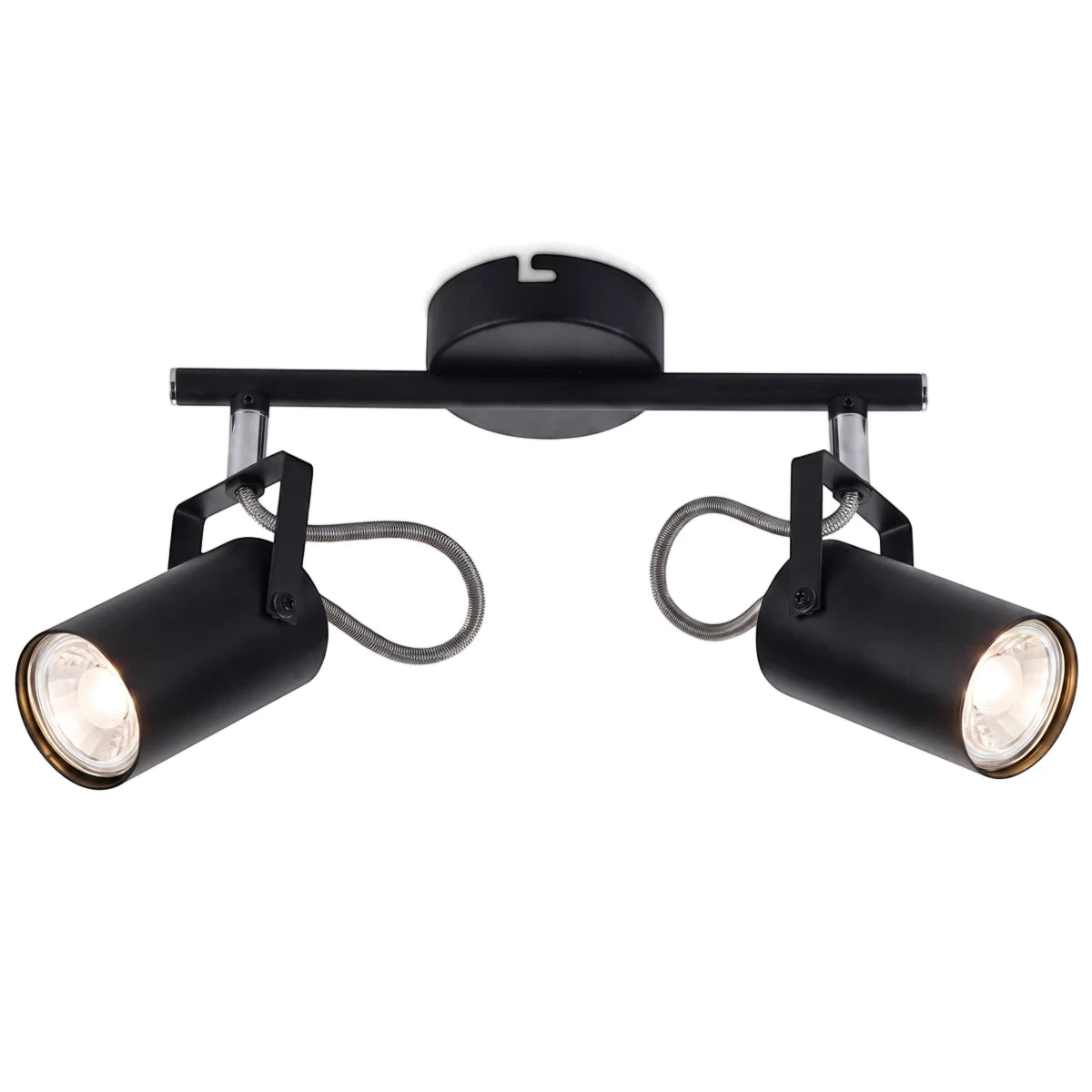 Black metal and polished chrome double spotlight with two adjustable GU10 light fittings, viewed from the front.
