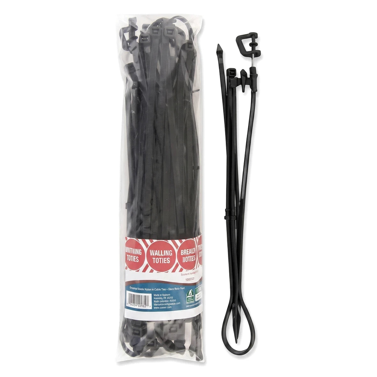 Black Micro Head, Peg & Tube Set of plastic cable ties, bundled in clear packaging and several loose pieces.