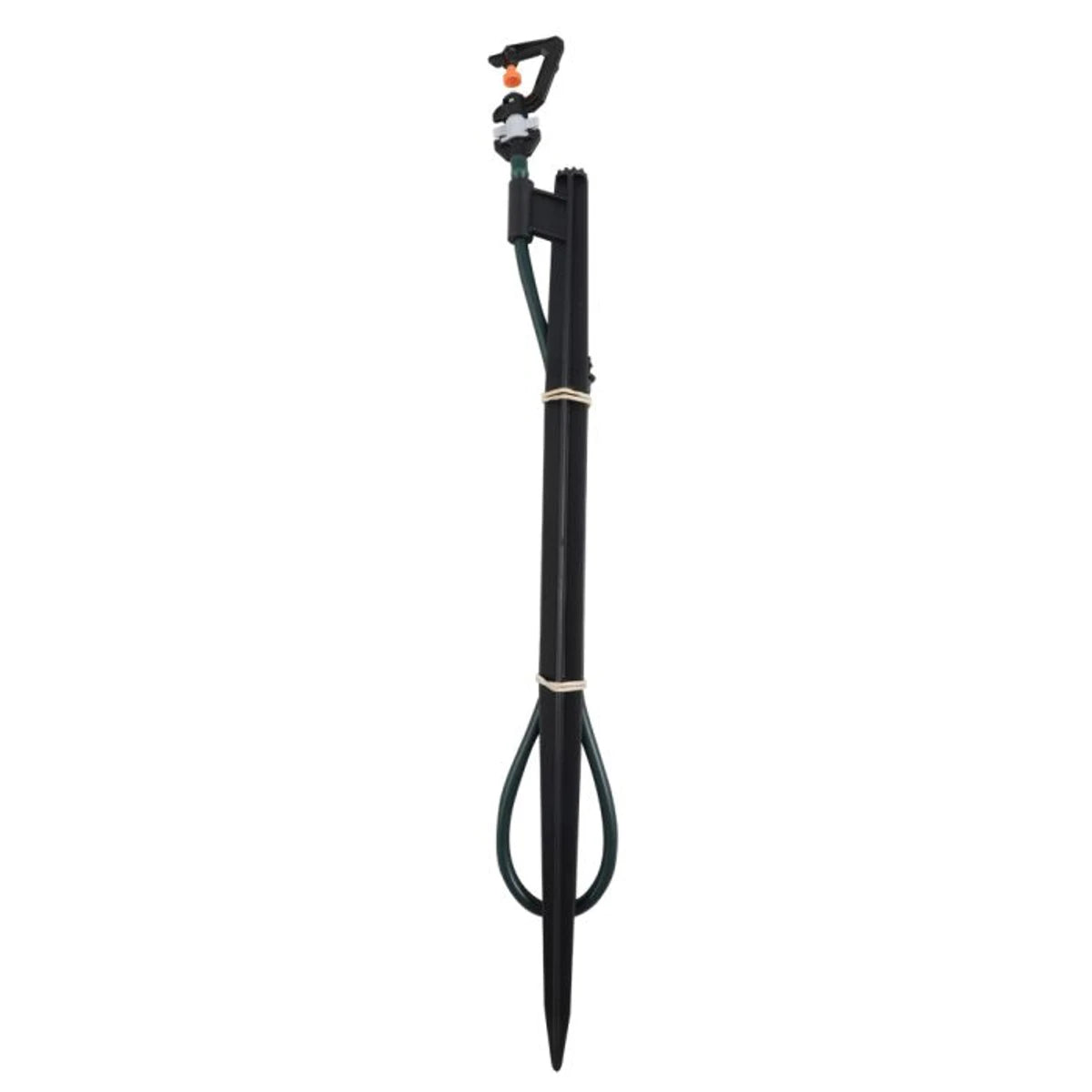Black micro head peg and tube set with an orange nozzle and green tubing, designed for garden irrigation and watering.