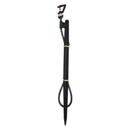 Black micro head peg and tube set with an orange nozzle and green tubing, designed for garden irrigation and watering.