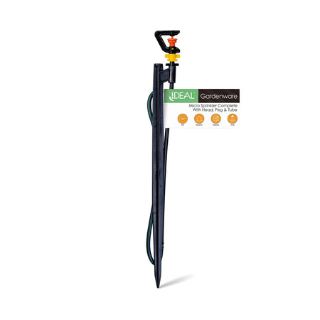 Black micro sprinkler complete with head, peg, and tube for garden irrigation system on a white background.