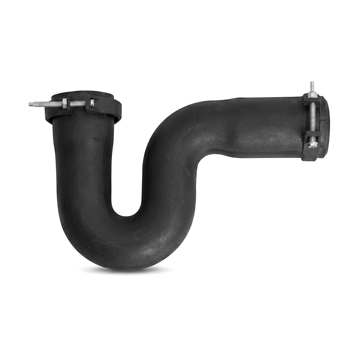 A black mini plain P-trap pipe, 40mm x 40mm, featuring a U-shape and silver metal clamps, shown on a white background.
