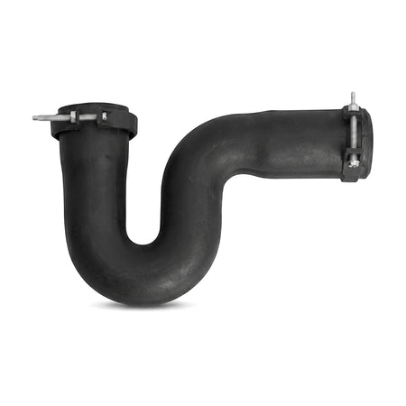 A black mini plain P-trap pipe, 40mm x 40mm, featuring a U-shape and silver metal clamps, shown on a white background.