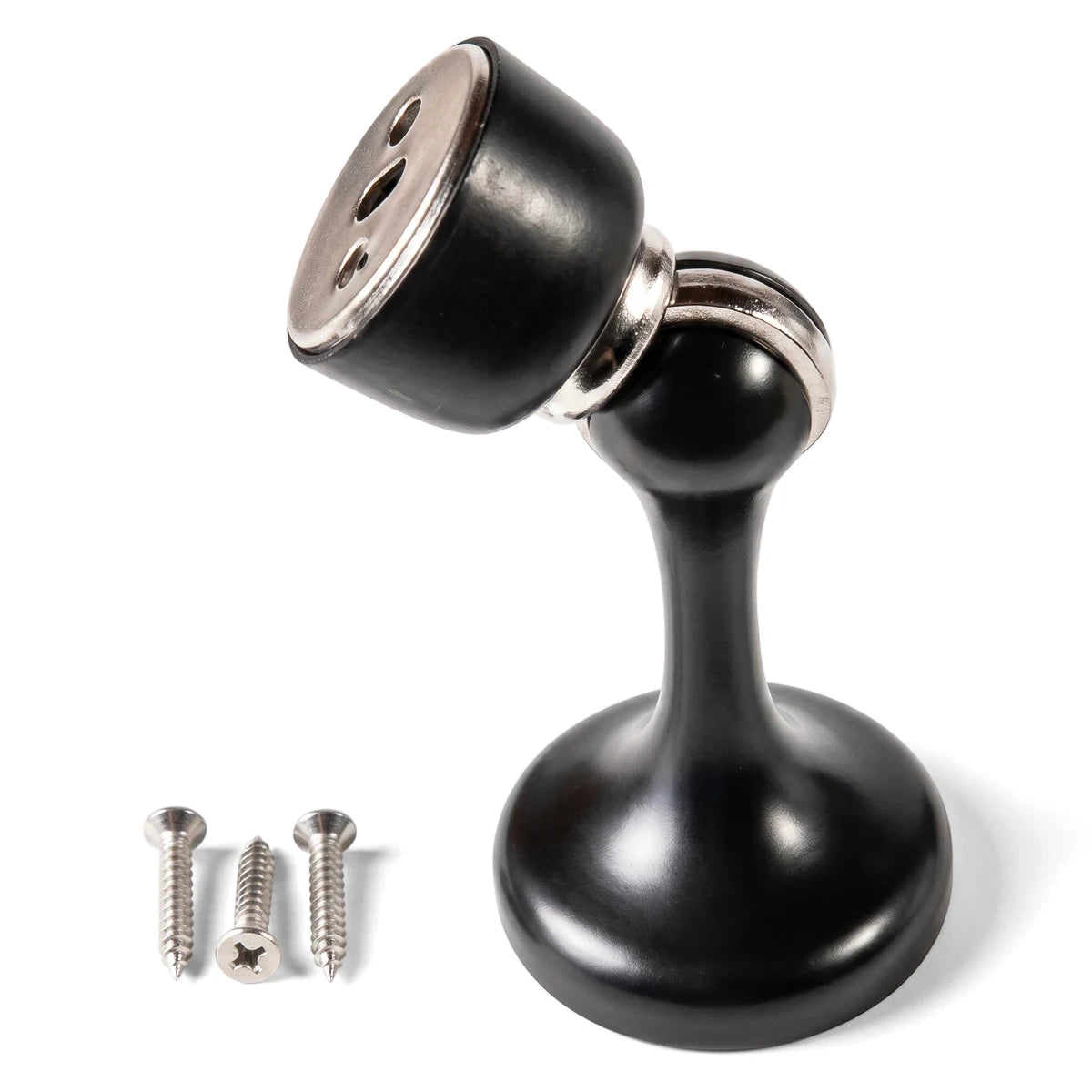 A black multi directional magnetic door stop with a shiny finish and three mounting screws, shown on a white background.