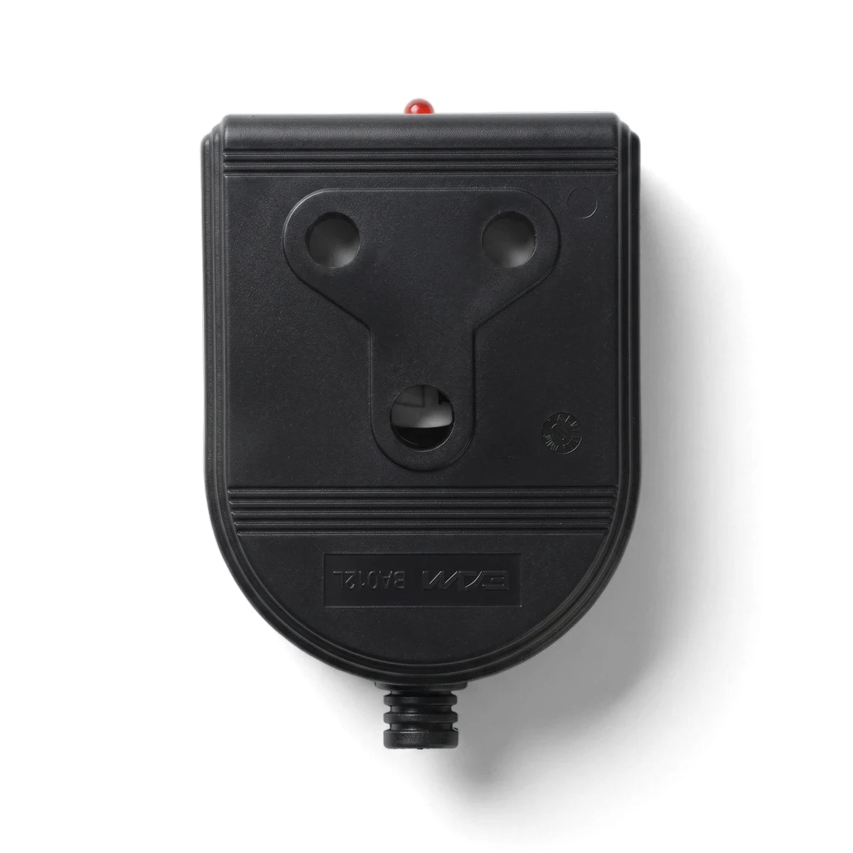 Black nylon double coupler with three-pin socket, featuring a red indicator light and corrugated cable entry. Electrical