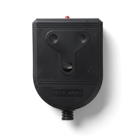 Black nylon double coupler with three-pin socket, featuring a red indicator light and corrugated cable entry. Electrical