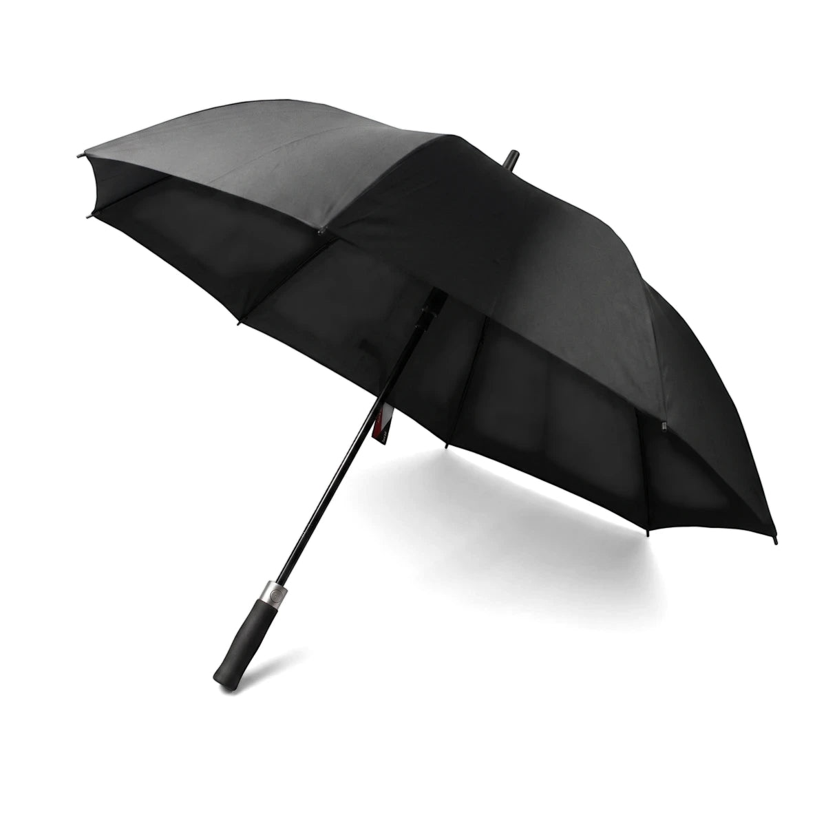 Black open umbrella with a curved handle and a classic design, shown against a white background.