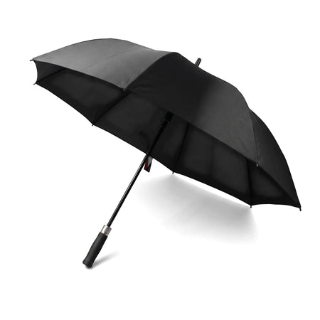 Black open umbrella with a curved handle and a classic design, shown against a white background.