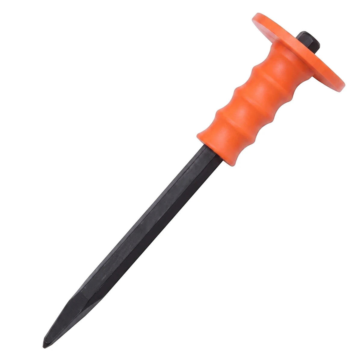 Black 4mm x 250mm concrete chisel with an ergonomic orange hand guard for masonry and demolition tasks.