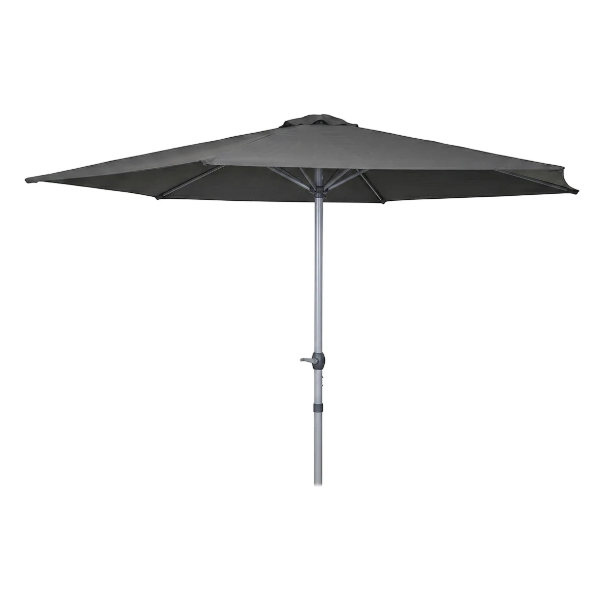 Black outdoor patio umbrella with a square canopy and silver pole, shown fully open and freestanding.