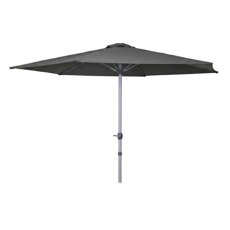 Black outdoor patio umbrella with a square canopy and silver pole, shown fully open and freestanding.