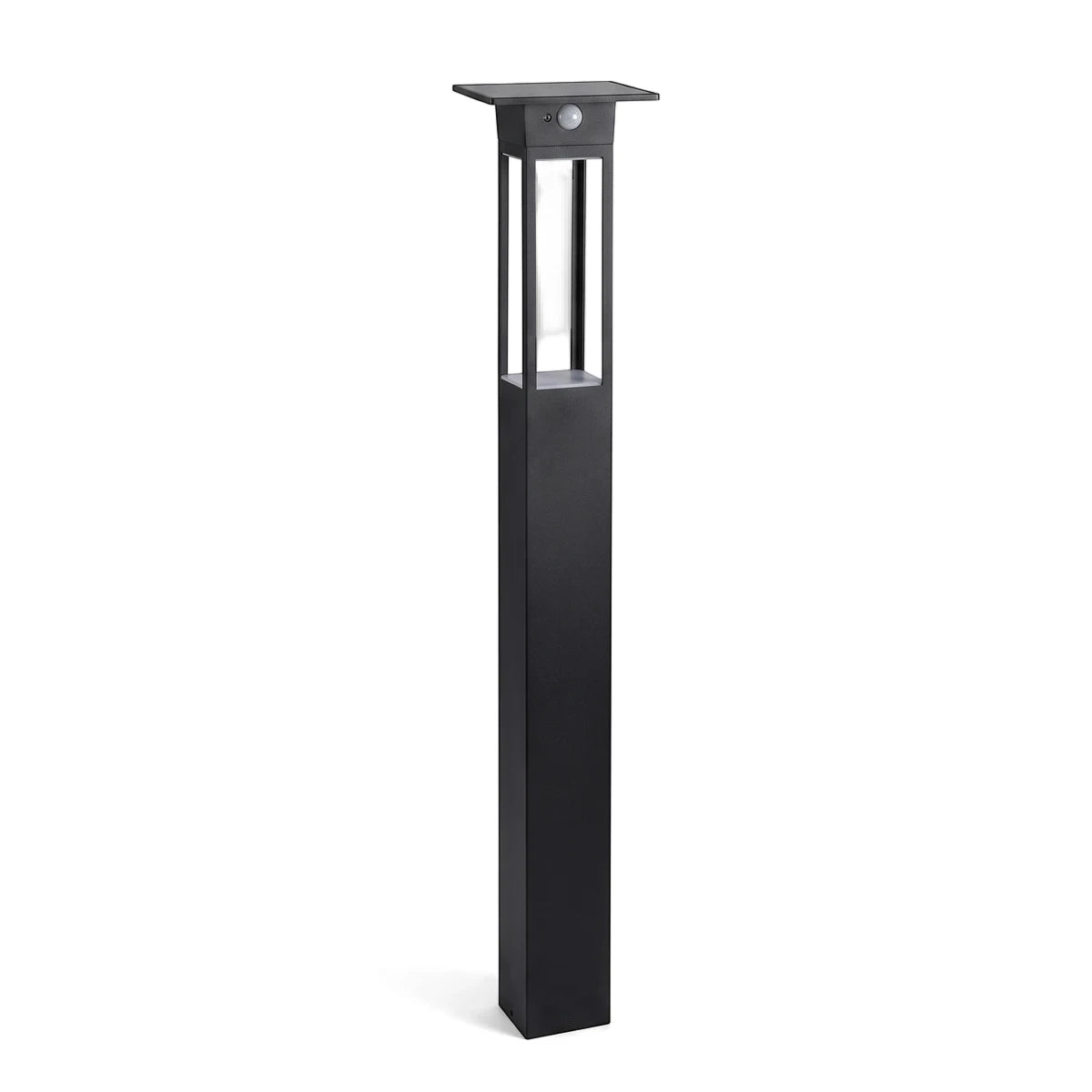 Black outdoor solar LED sensor pillar floor lamp with a modern rectangular design and top-mounted solar panel and sensor.