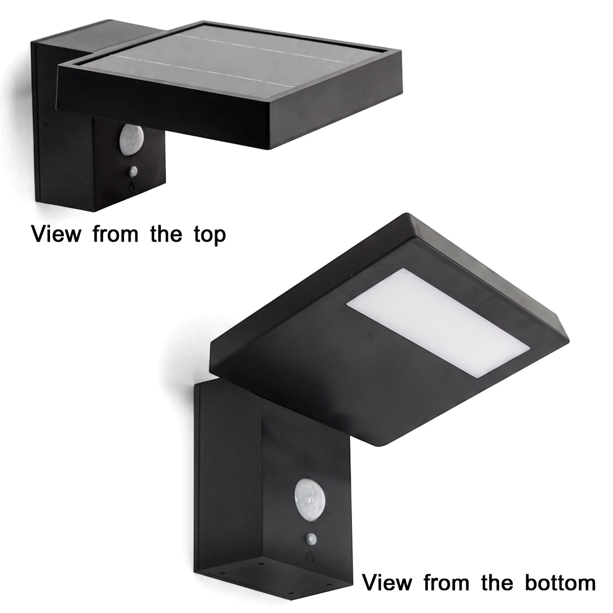 Black outdoor solar LED square sensor wall lamp displayed from a top view showing the solar panel and a bottom view with the