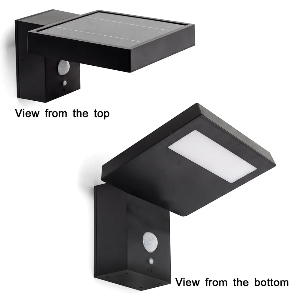 Black outdoor solar LED square sensor wall lamp displayed from a top view showing the solar panel and a bottom view with the