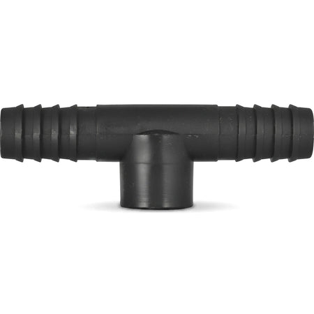 Black plastic 20mm x 15mm irrigation reducing female tee connection for drip and garden watering systems.