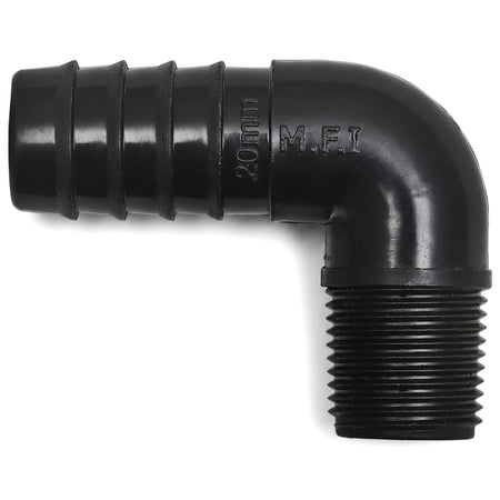 Black plastic 20mm x 15mm irrigation reducing male elbow fitting with ribbed and threaded ends for drip systems.