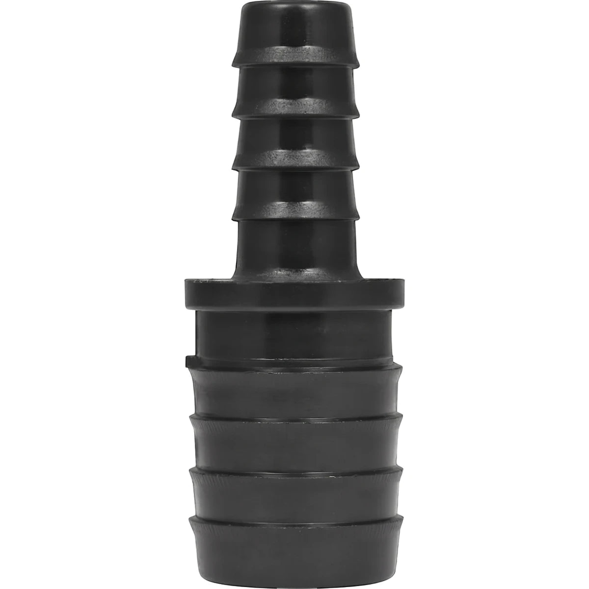 Black plastic 25mm x 15mm irrigation reducing coupling with ribbed barbed ends for drip irrigation systems, shown upright.